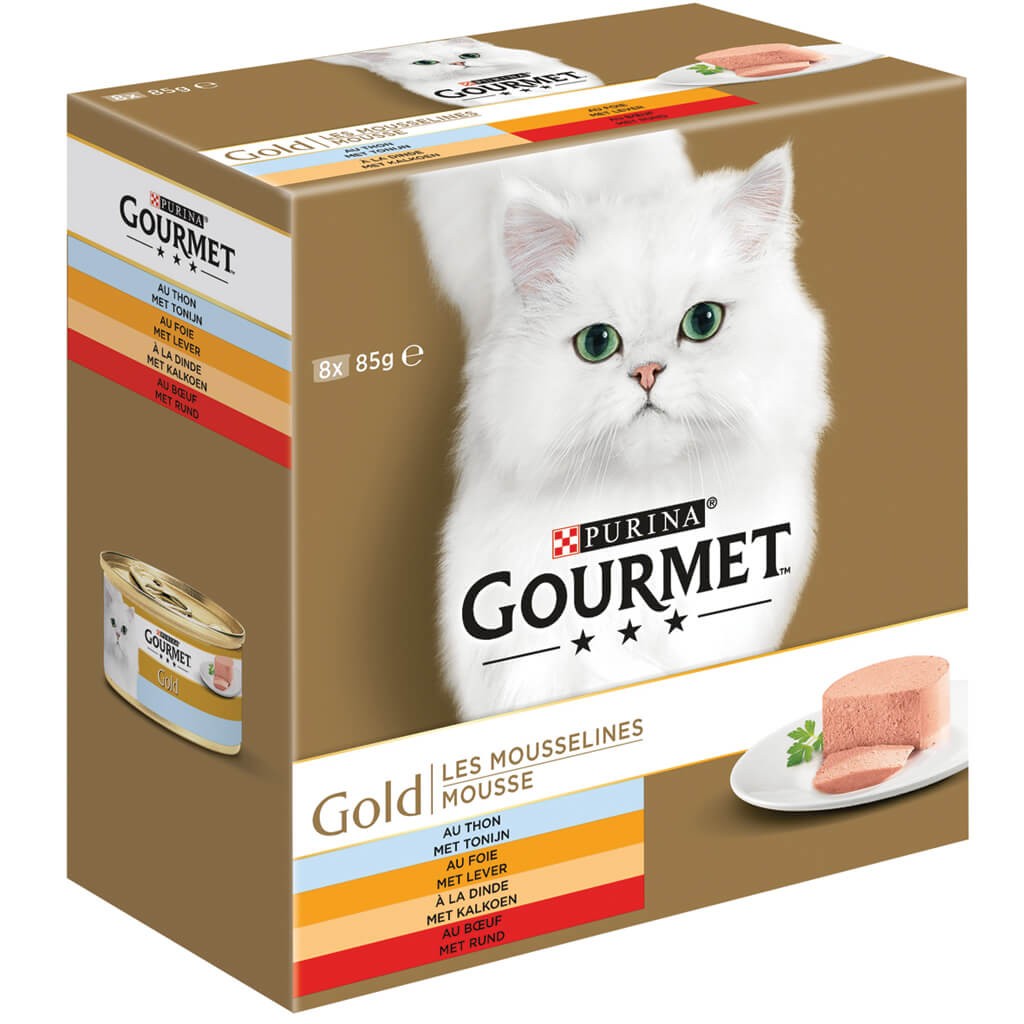 Gourmet Gold Mousse med tonfisk, lever, kalkon, nötkött våtfoder katt (85 g)