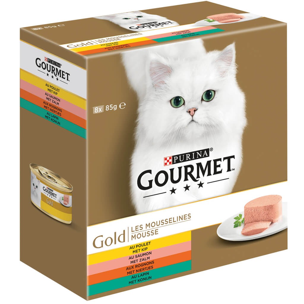 Gourmet Gold Mousse med kyckling, lax, njure, kanin våtfoder katt (8-pack)