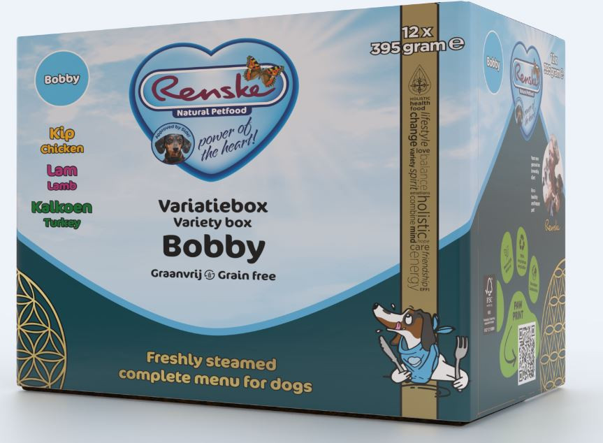 Renske Variety box Bobby Grain Free freshly steamed våtfoder hund (bägare)
