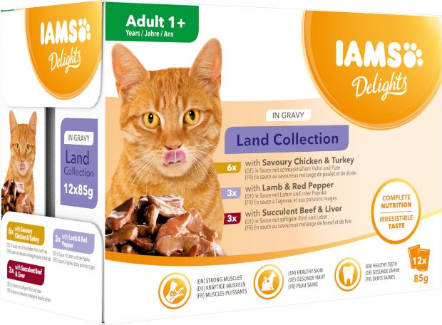 Iams Delights Adult Land Collection i gravy våtfoder för katt (12x85 g)