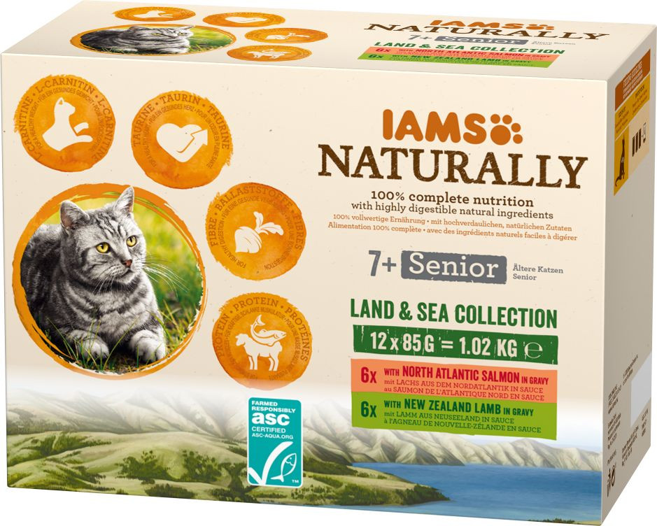 Iams Naturally Senior Land & Sea Collection våtfoder katt (12x85g)