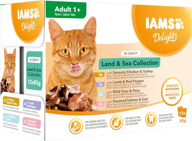 Iams Delights Adult Land & Sea Collection i gravy våtfoder för katt (12x85 gr)