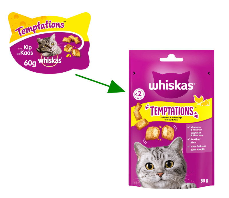 Whiskas Temptations med kyckling och ost kattgodis