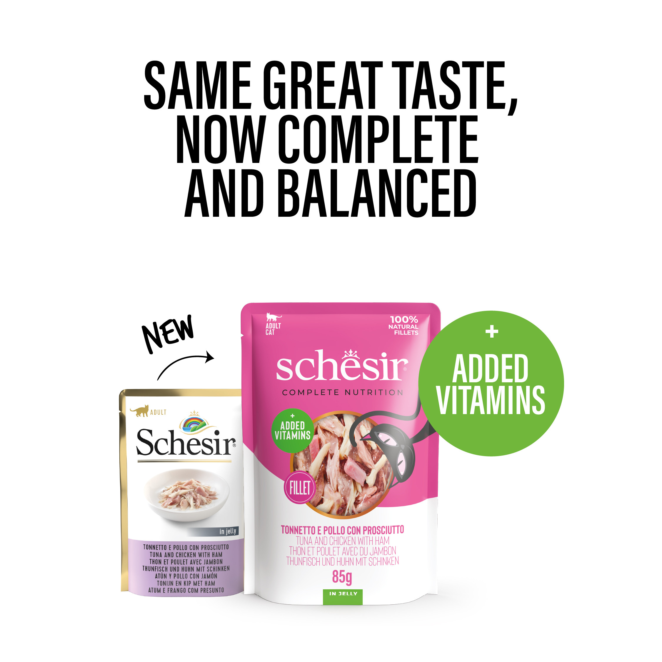 Schesir tonijn, kip met ham (jelly) natvoer kat (zakjes 85 g)