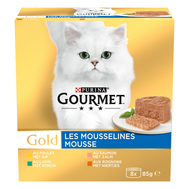 Gourmet Gold Mousse med kyckling, lax, njure, kanin våtfoder katt (8-pack)