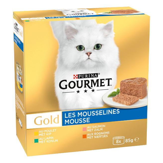 Gourmet Gold Mousse med kyckling, lax, njure, kanin våtfoder katt (8-pack)