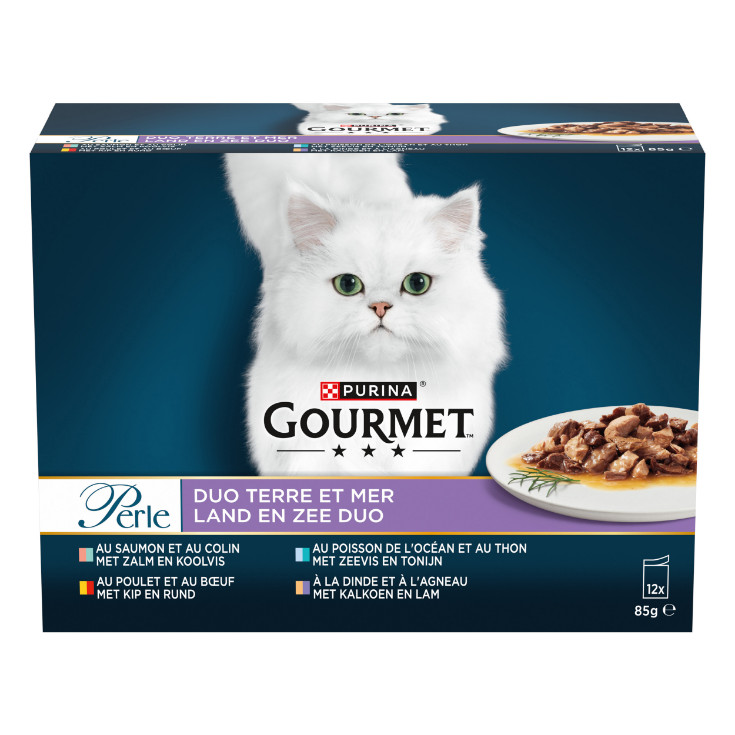 Gourmet Perle Land en Zee Duo met kip+rund en zalm+koolvis natvoer kat (12x85g) Gourmet Perle Land en Zee Duo met kip+rund en zalm+koolvis natvoer kat (12x85g)