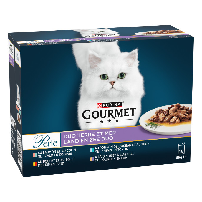 Gourmet Perle Land en Zee Duo met kip+rund en zalm+koolvis natvoer kat (12x85g) Gourmet Perle Land en Zee Duo met kip+rund en zalm+koolvis natvoer kat (12x85g)