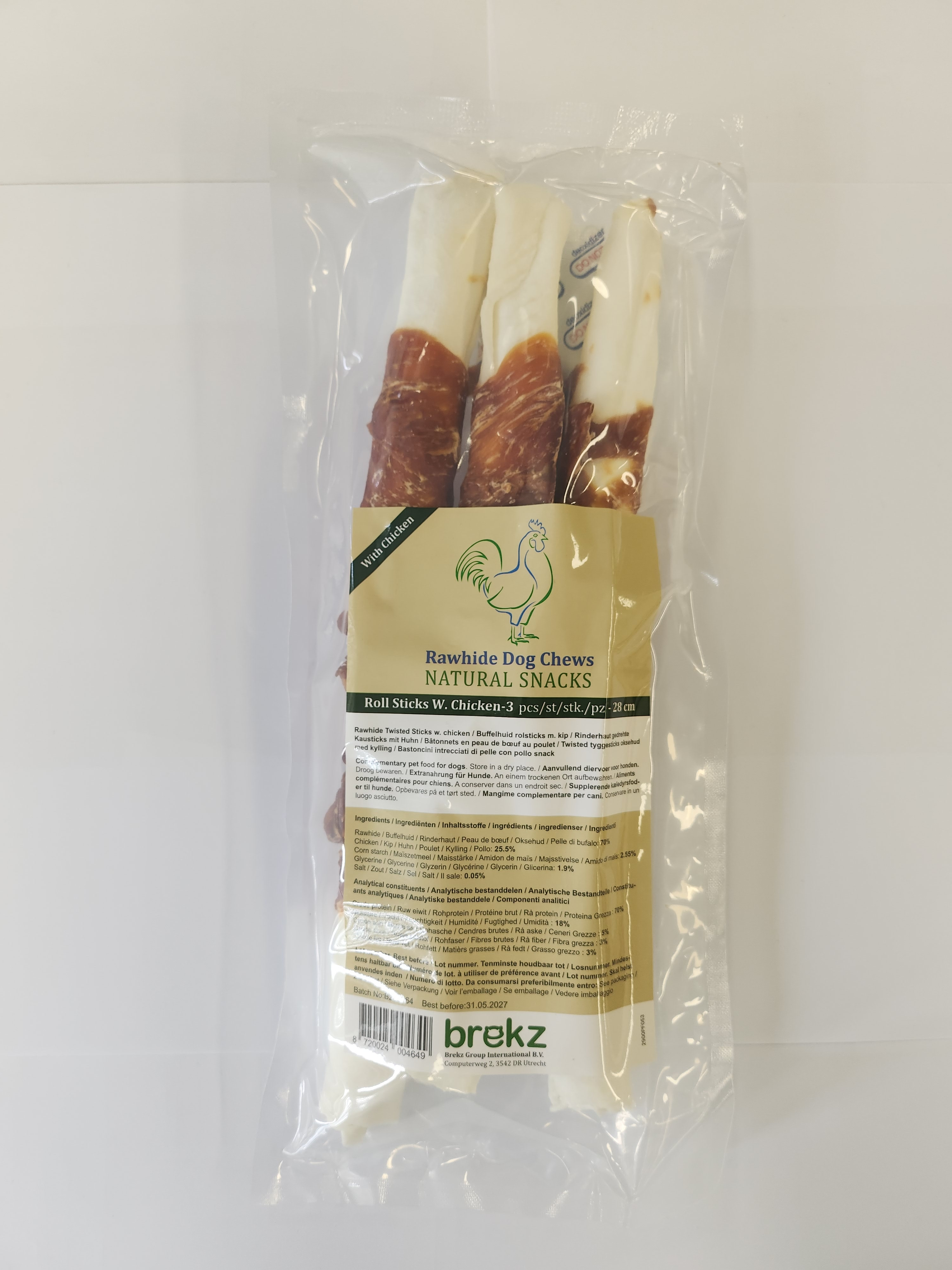 Brekz Rawhide Dog Chews rullpinnar av råhud med kyckling hundgodis (28 cm)