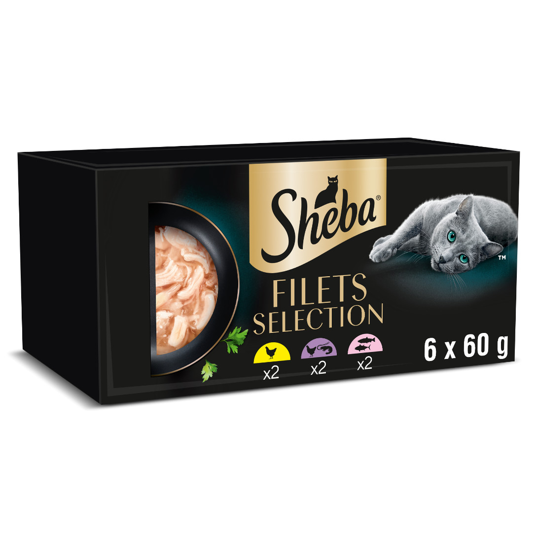 Sheba Filets Selection kip, oceaanvis-garnaal, zalm-tonijn natvoer kat multipack (kuipjes 60 g)