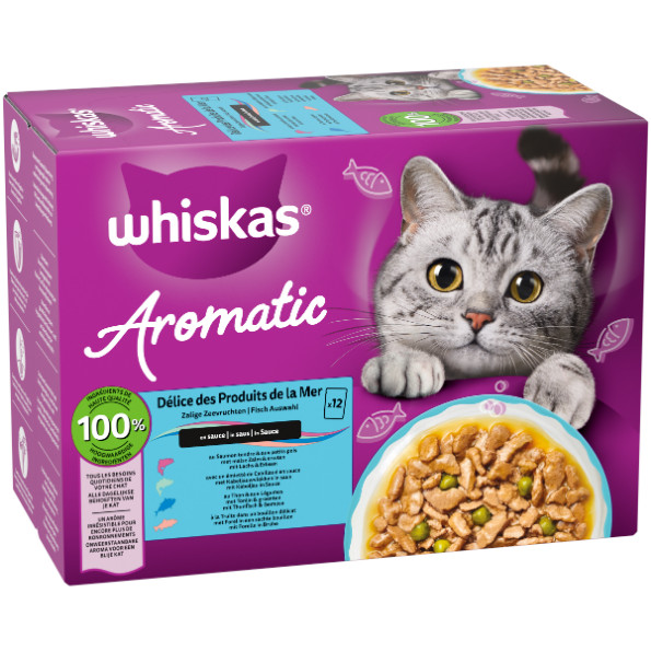 Whiskas 1+ Aromatic Zalige Zeevruchten in saus natvoer kat multipack (zakjes 85 g)