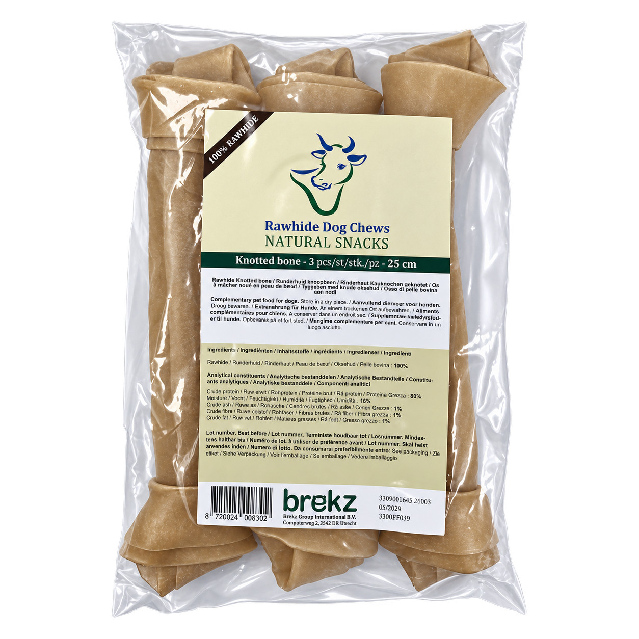 Brekz Rawhide - knutben av råhud för hund  (25 cm)